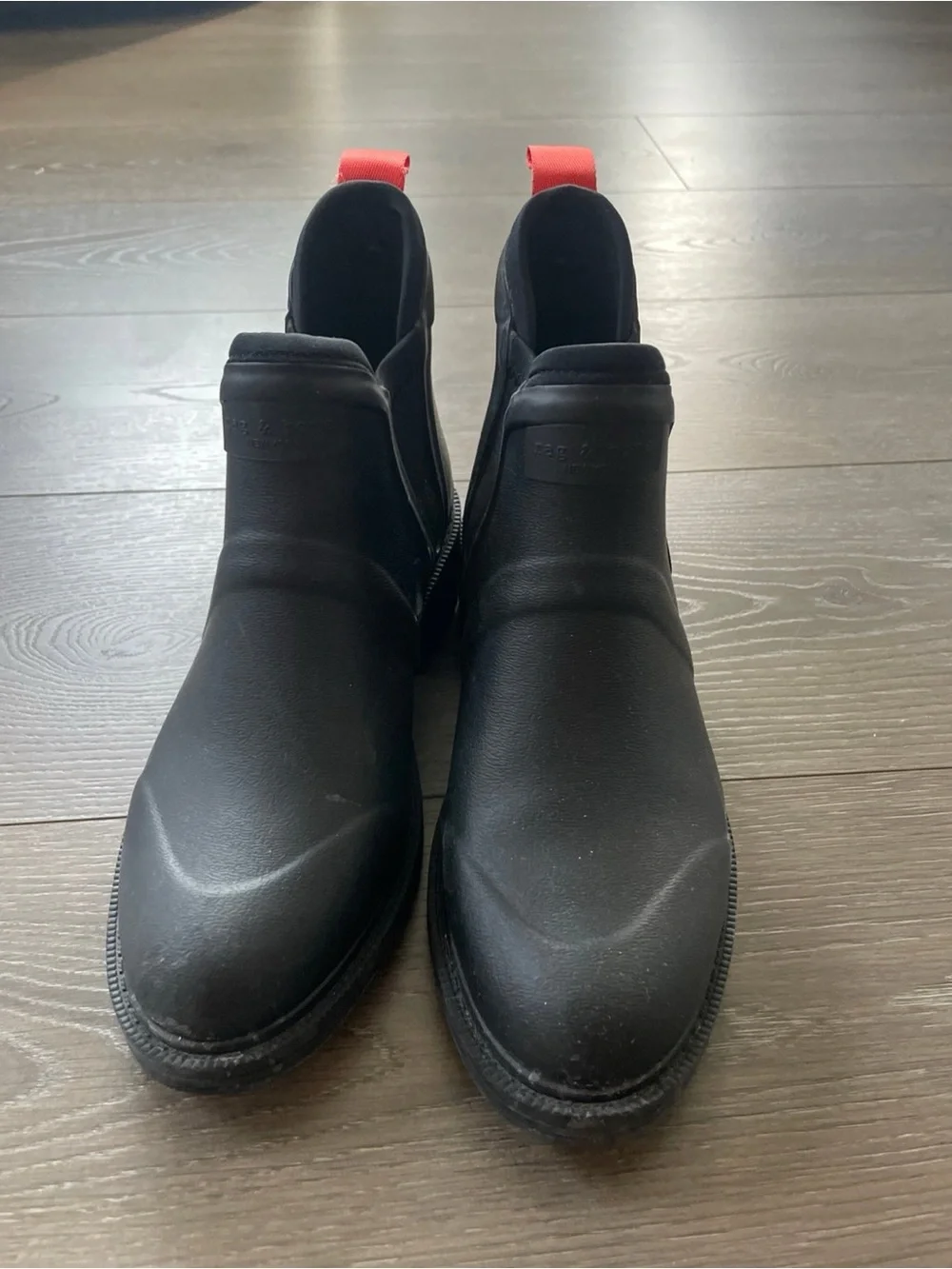 rag & bone Black Chelsea Rain Boots with Red Pull Tabs